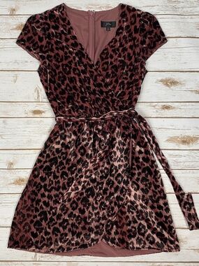 J. Crew Velvet Faux Wrap Dress Cap Sleeve Rose Leopard Print Size 2